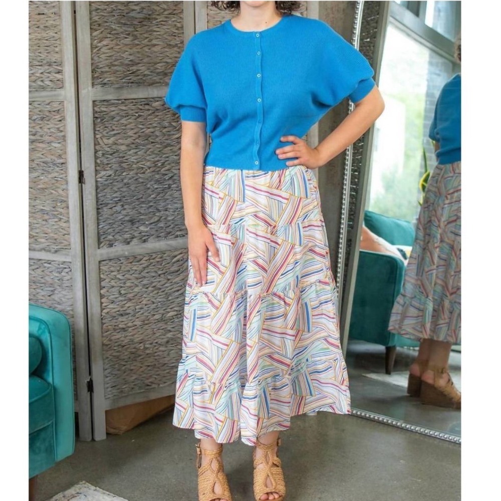 Lili Sidonio Azalea Geo Pattern Tiered Maxi Skirt Medium White Multicolor Cotton